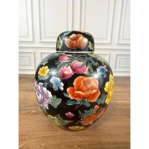 VTG Chinese Black Famille Noir Floral Porcelain Ginger Jasmine Lidded 7" Jar
